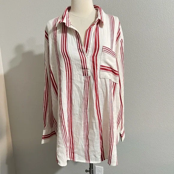 Liz Claiborne Womens Striped Button Down Shirt White & Red Cotton Rayon Sz‎ Xl - Picture 6 of 8